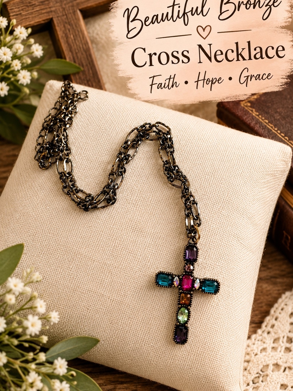 Bronze-Tone Multicolor Gem Cross Necklace - Women Accessories